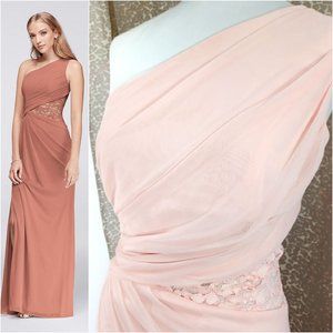 DAVID'S BRIDAL One Shoulder Mesh and Lace Petal Pink Party Bridal Maxi Dress 20